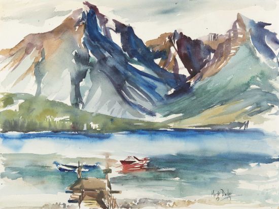 Picture of Mountain lake w/red boat blue boat